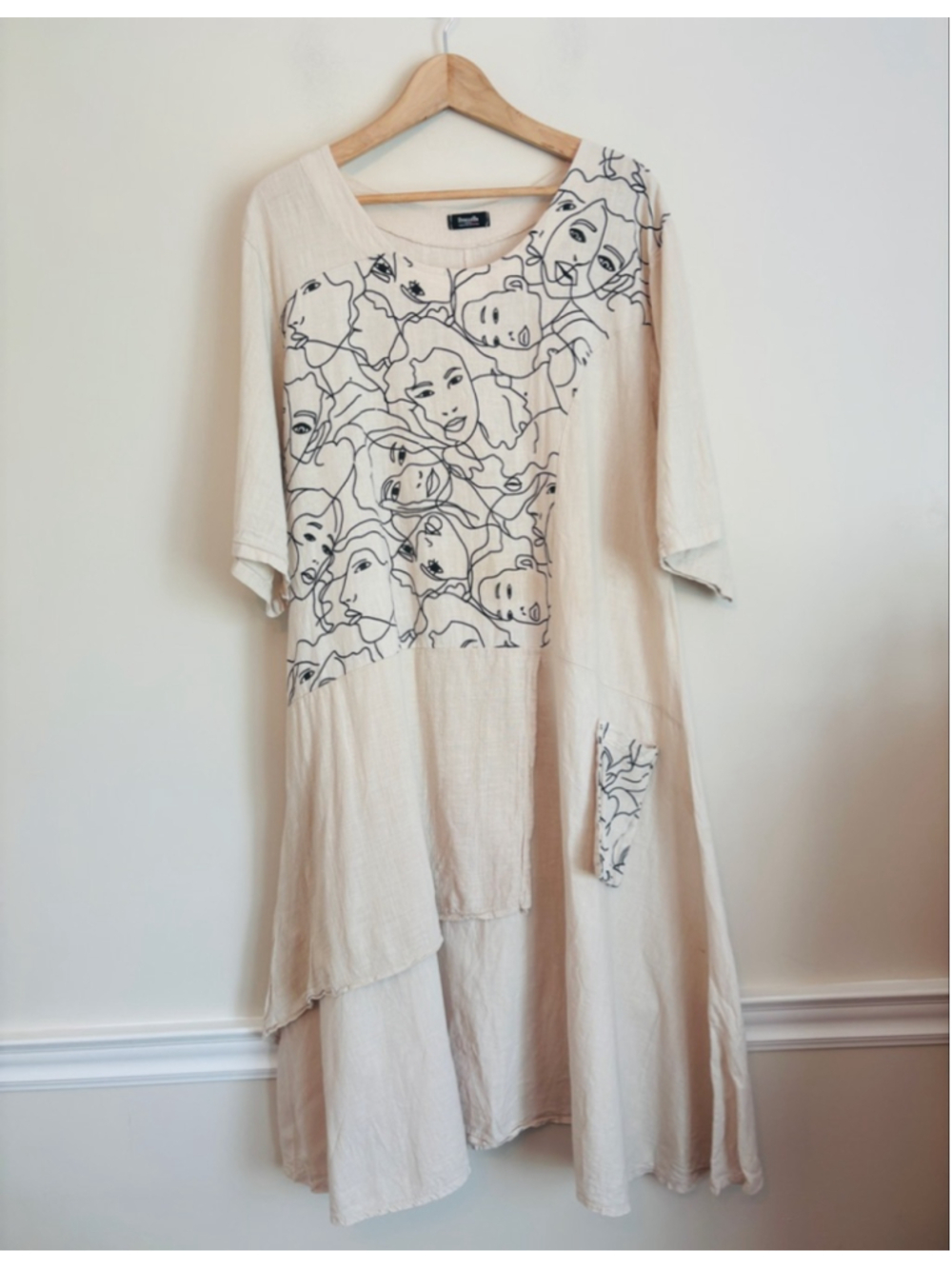 Frocella Beige Linen Asymmetrical Print Lagenlook Midi Dress One Size Travel